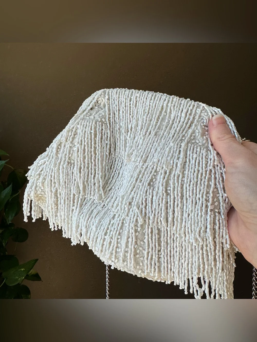Offwhite beaded fringe purse